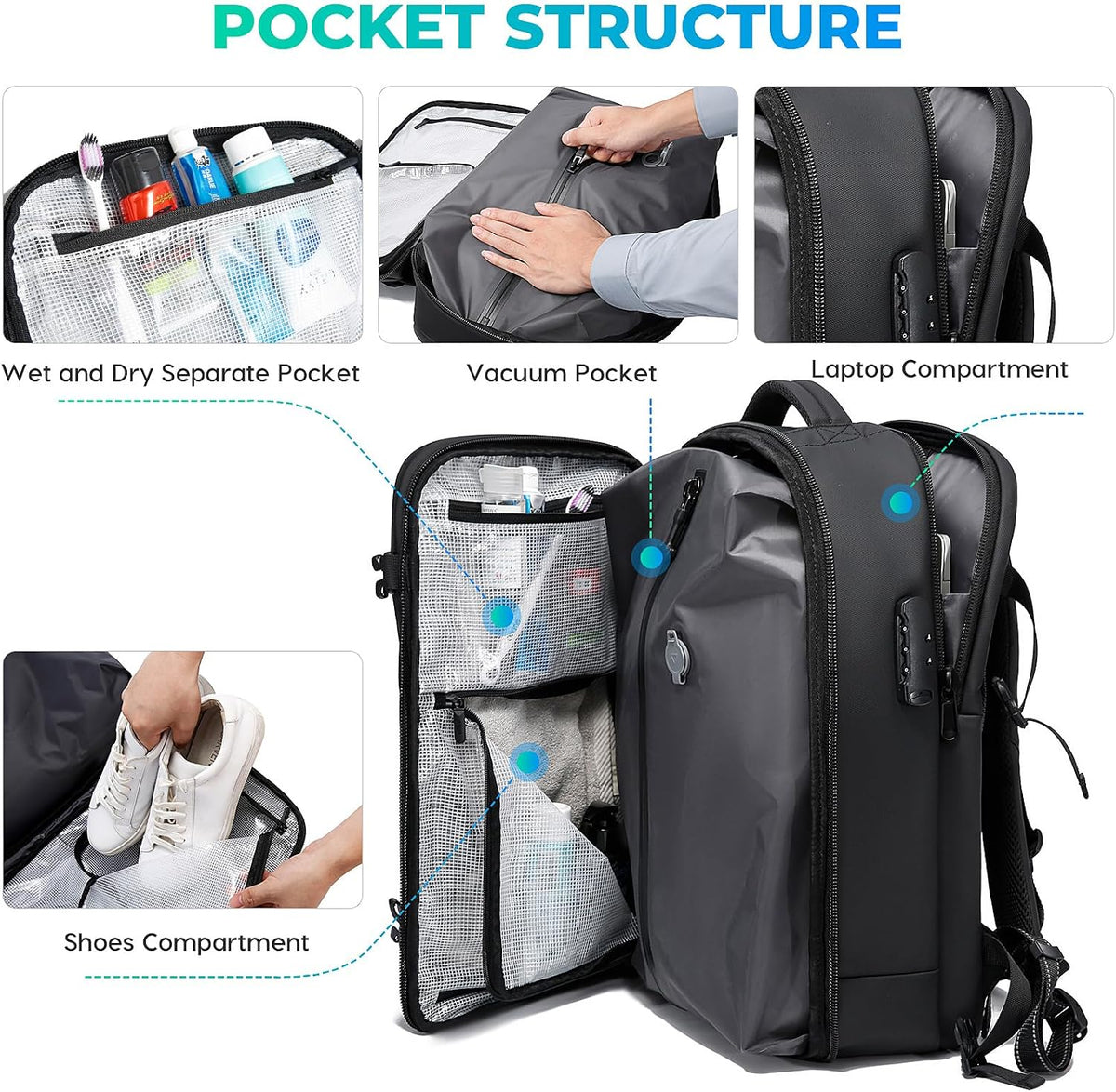 BANGE Vacuum-Seal Travel Backpack with Pump and Vacpack Compression System, Water Resistant Large Carry-On Backpack with Laptop Compartment and TSA Lock - Flight Approved, Black (With Air Pump)