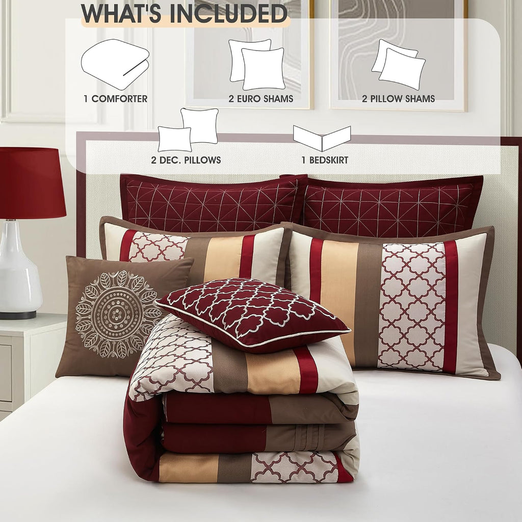LANCO MODERN LIFESTYLE California King Comforter Set, Berry Taupe Bedding Set, Jacquard Woven with Embroidery, 8 Pieces Bed in a Bag, Bed Skirt, Shams and Decorative Pillows