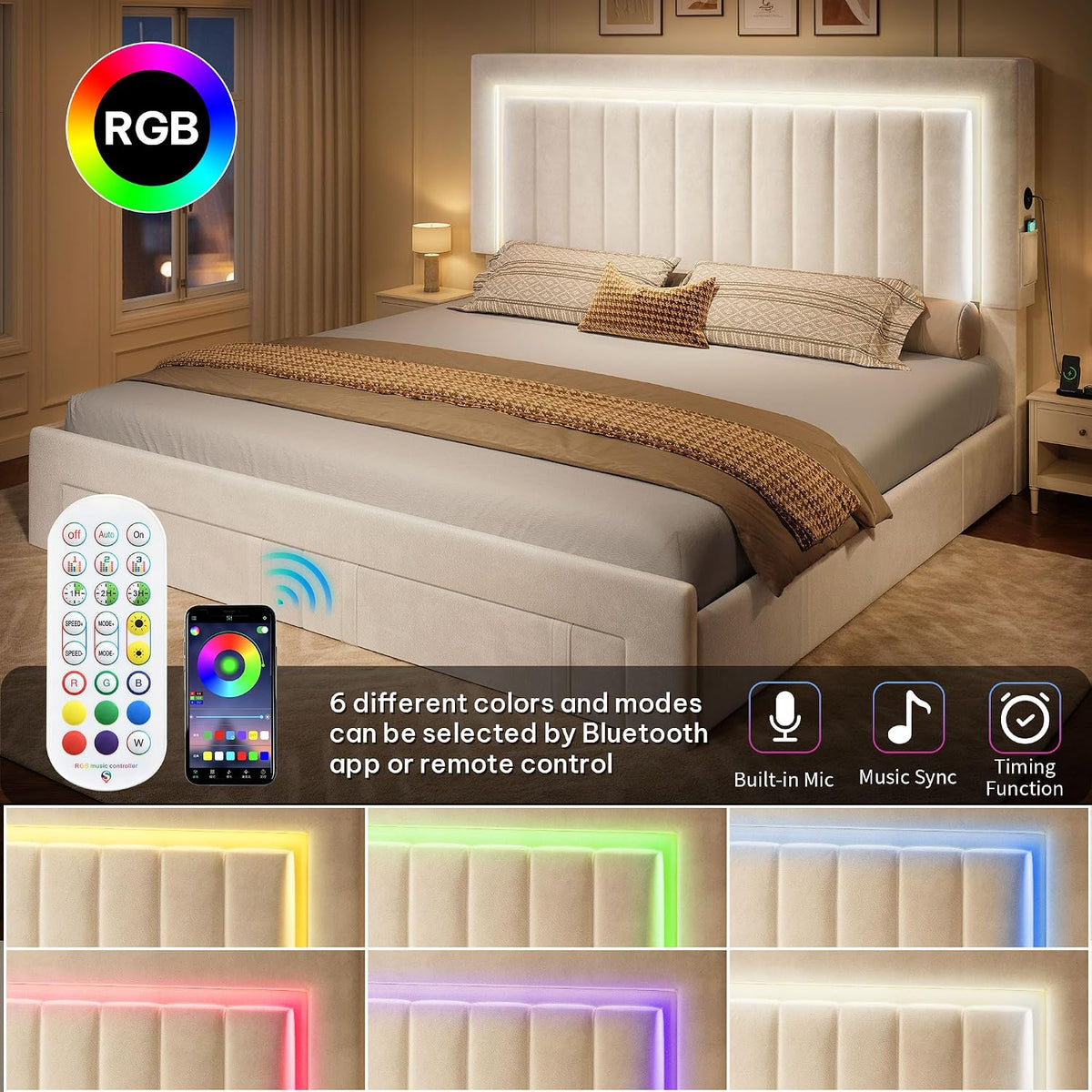 YITAHOME Queen Size Bed Frame with Adjustable Headboard, 4 Storage Drawers and RGB LED Lights, Velvet Upholstered Platform Bed with USB Ports, No Box Spring Needed, Fast Assembly, Noise-Free, White
