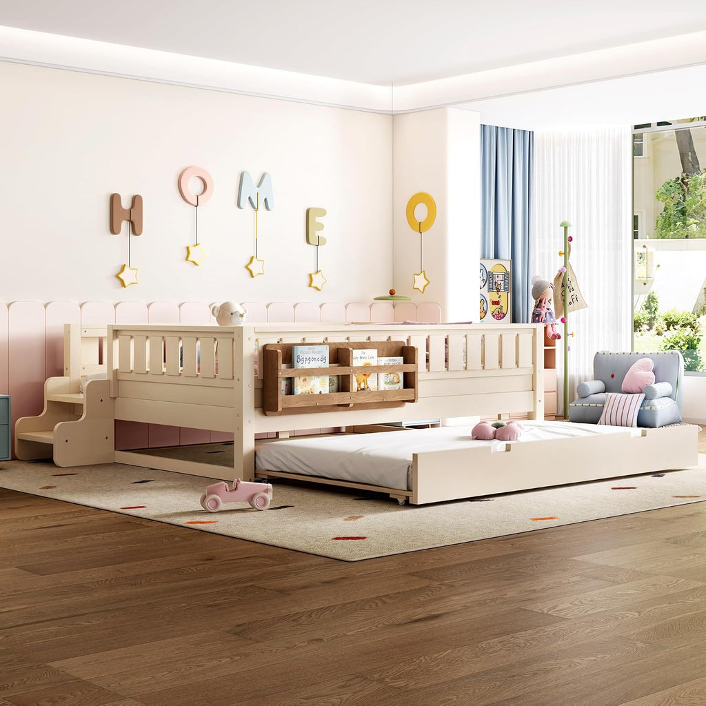 Bellemave Full Bed with Trundle and Stairs, Full Size Platform Bed Frame with Fence and Bookshelf, Easy Assemble Beds for Kids, Girls, Boys, Beige