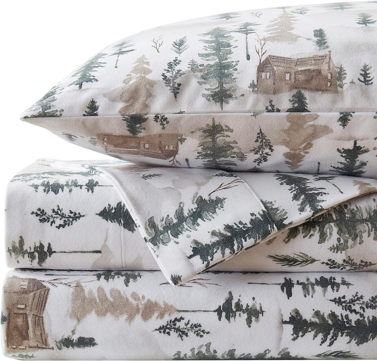 Sweet Home Collection Flannel Sheets Warm and Cozy Deep Pocket Breathable All Season Bedding Set with Fitted, Flat and Pillowcases, King, Winter Cabin Lodge(Pack of 6)