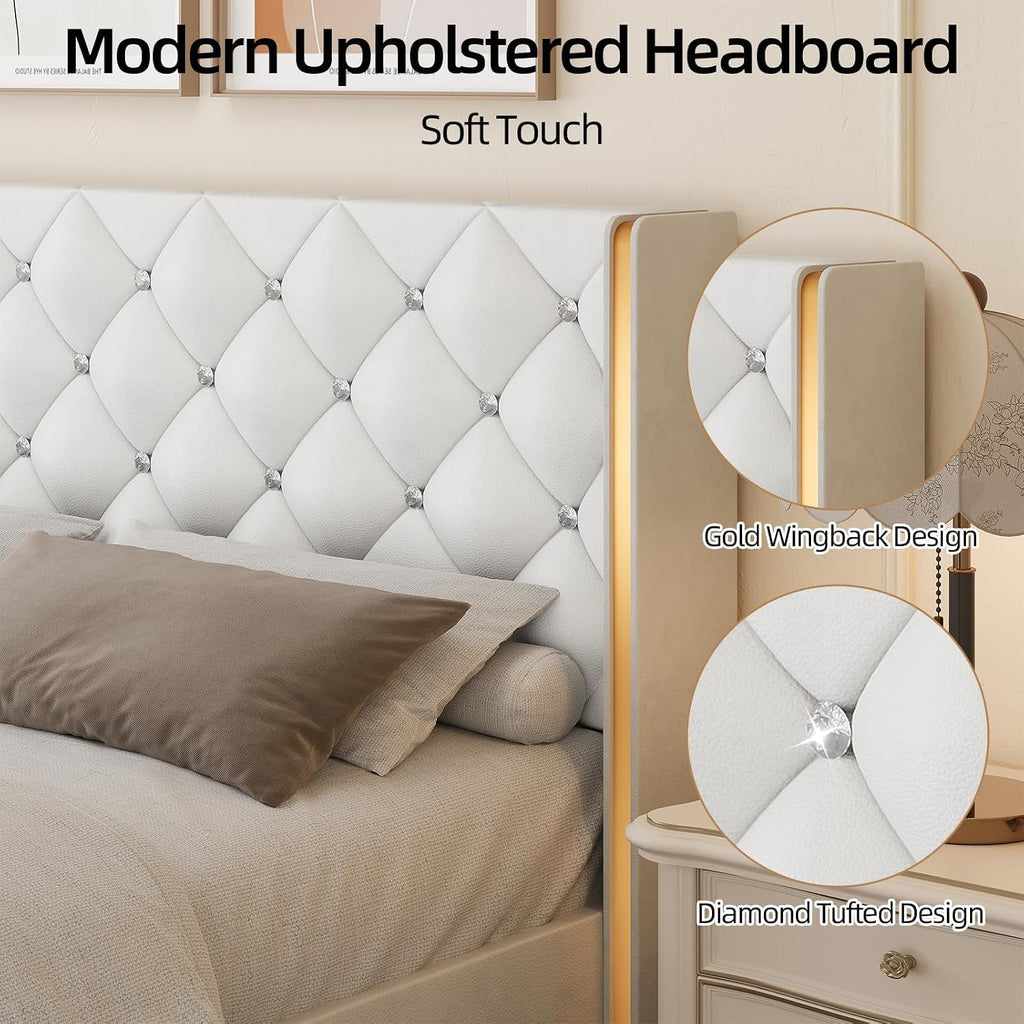 HOMBCK Twin Bed Frames with Headboard, Upholstered Twin Bed Frame with Diamond Tufted Wingback Headboard, 600lbs Heavy Duty Support, Gold Metal Edge Accents, No Box Spring Needed, White Leather
