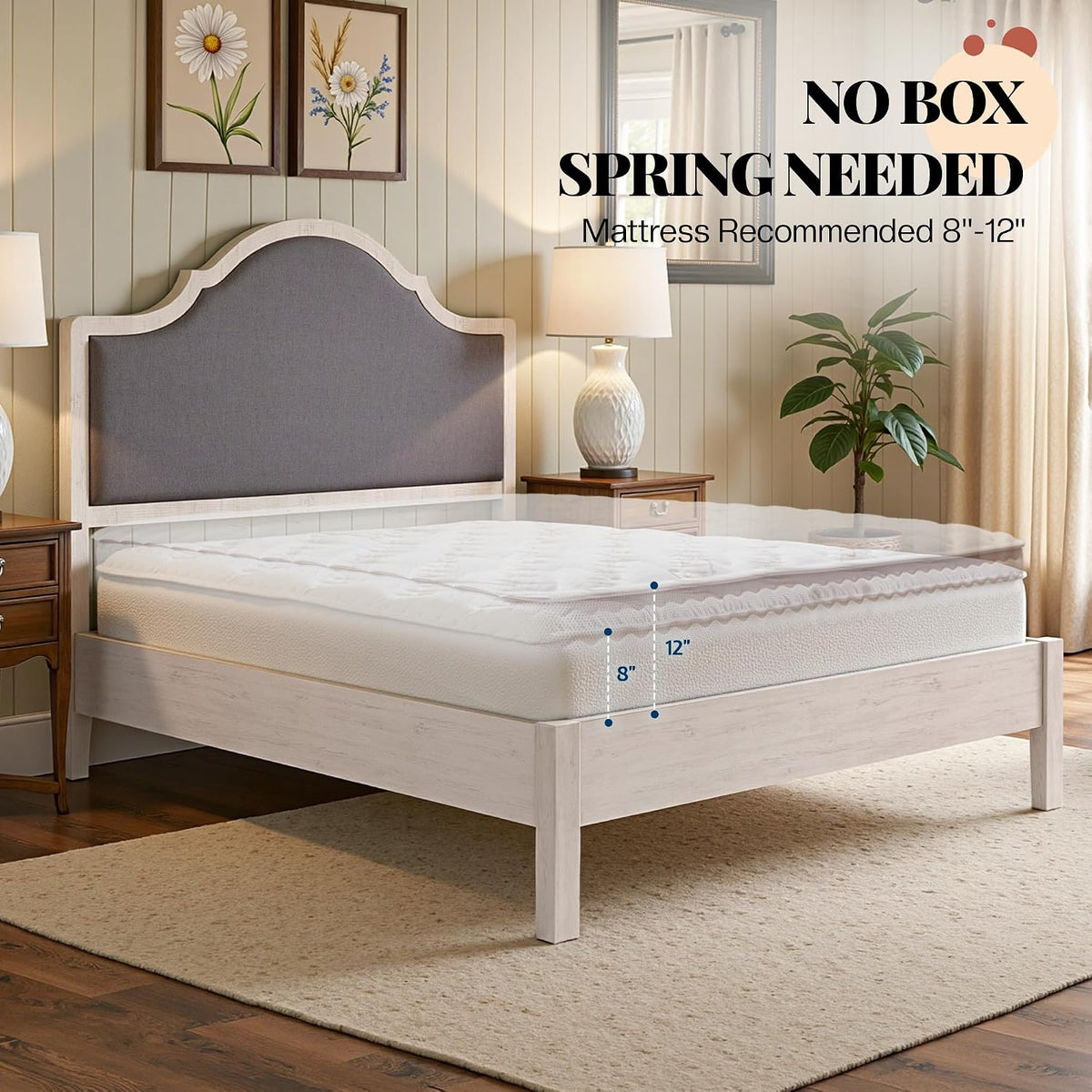 Jocisland Full Size Bed Frame with Tall Upholstered Curved Headboard, Solid Wood Platform Bed, No Box Spring Needed, Wood Slat Support, Easy Assembly, White