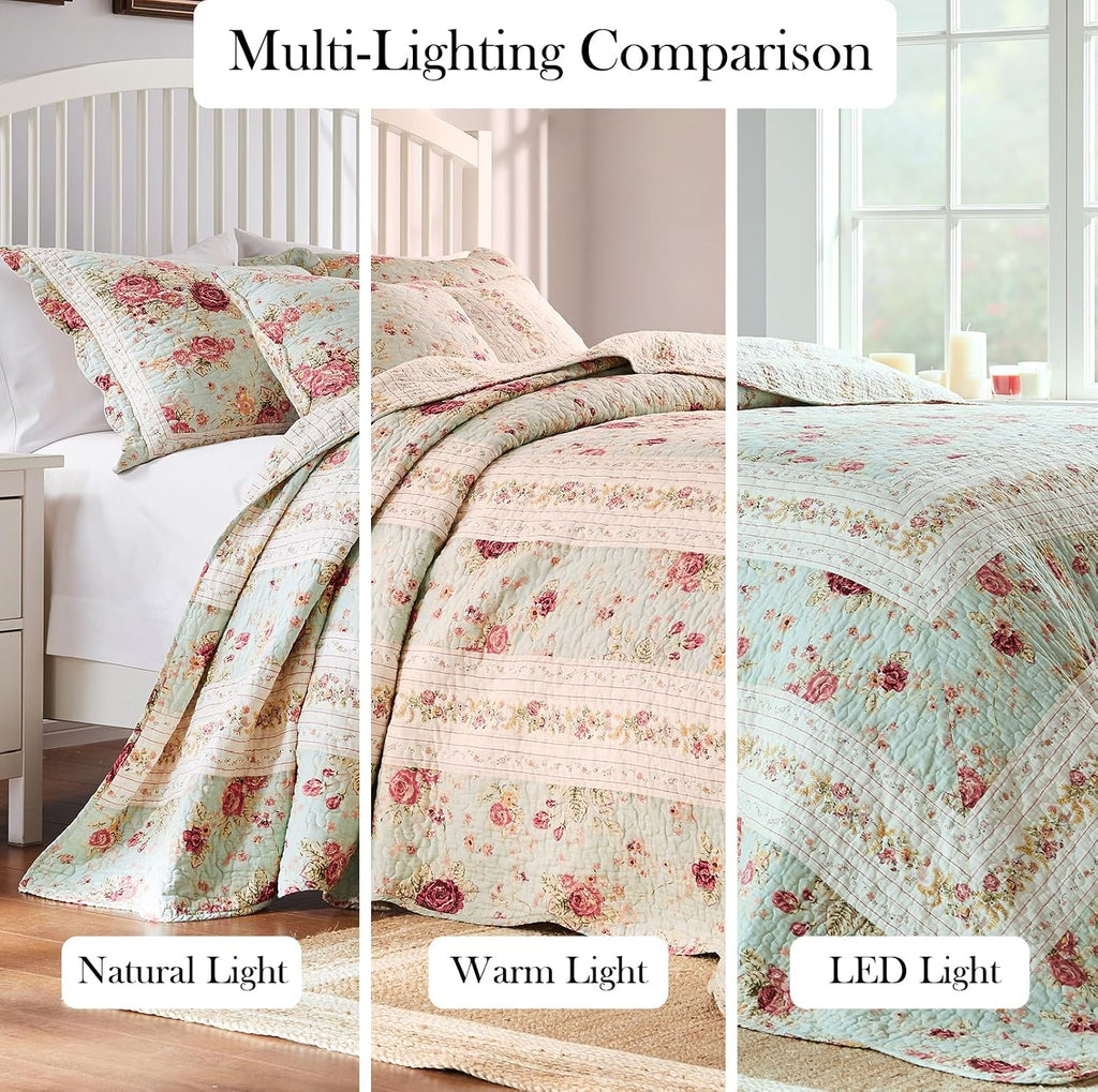 Greenland Home Antique Rose Jumbo Oversized 100% Cotton Bedding Set, Bedspread 110 W x 118 L with 2 Shams 20 W x 26 L Each, Queen (3 Piece), Blue