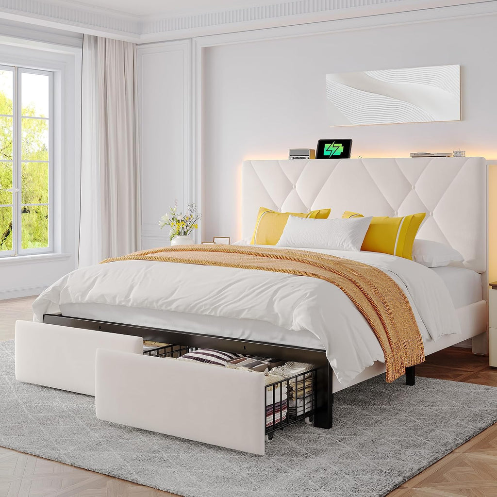 EnHomee Queen Bed Frame with 2 Drawers, Upholstered Headboard with Charging Station, Button Tufted Velvet Bed Frame and LED Lights, No Box Spring Needed,Easy Assembly，Beige