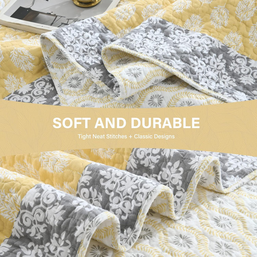 SahSahCasa Quilt King Size, King Quilt Set, 100% Cotton Floral Quilt, King Quilt Bedding Set Bedspreads, Patchwork Reversible Lightweight Comforter Bed Spread for All Season, Yellow/Gray, 3 Pieces