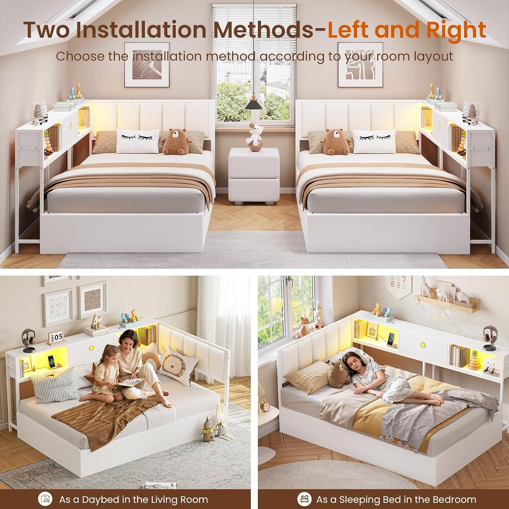 DICTAC Twin Corner Lift up Storage Bed with Led Lights and Charging Station Twin Size Daybed for Kids/Teen with Bookcase and Hydraulic Storage,Platform Corner Beds with Upholstered Headboard,White