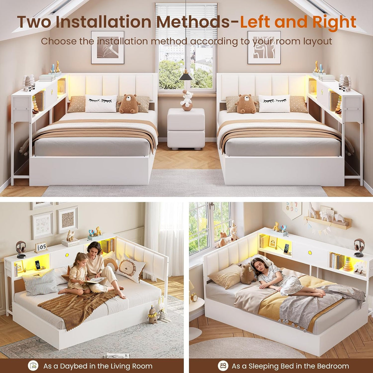 DICTAC Twin Corner Lift up Storage Bed with Led Lights and Charging Station Twin Size Daybed for Kids/Teen with Bookcase and Hydraulic Storage,Platform Corner Beds with Upholstered Headboard,White