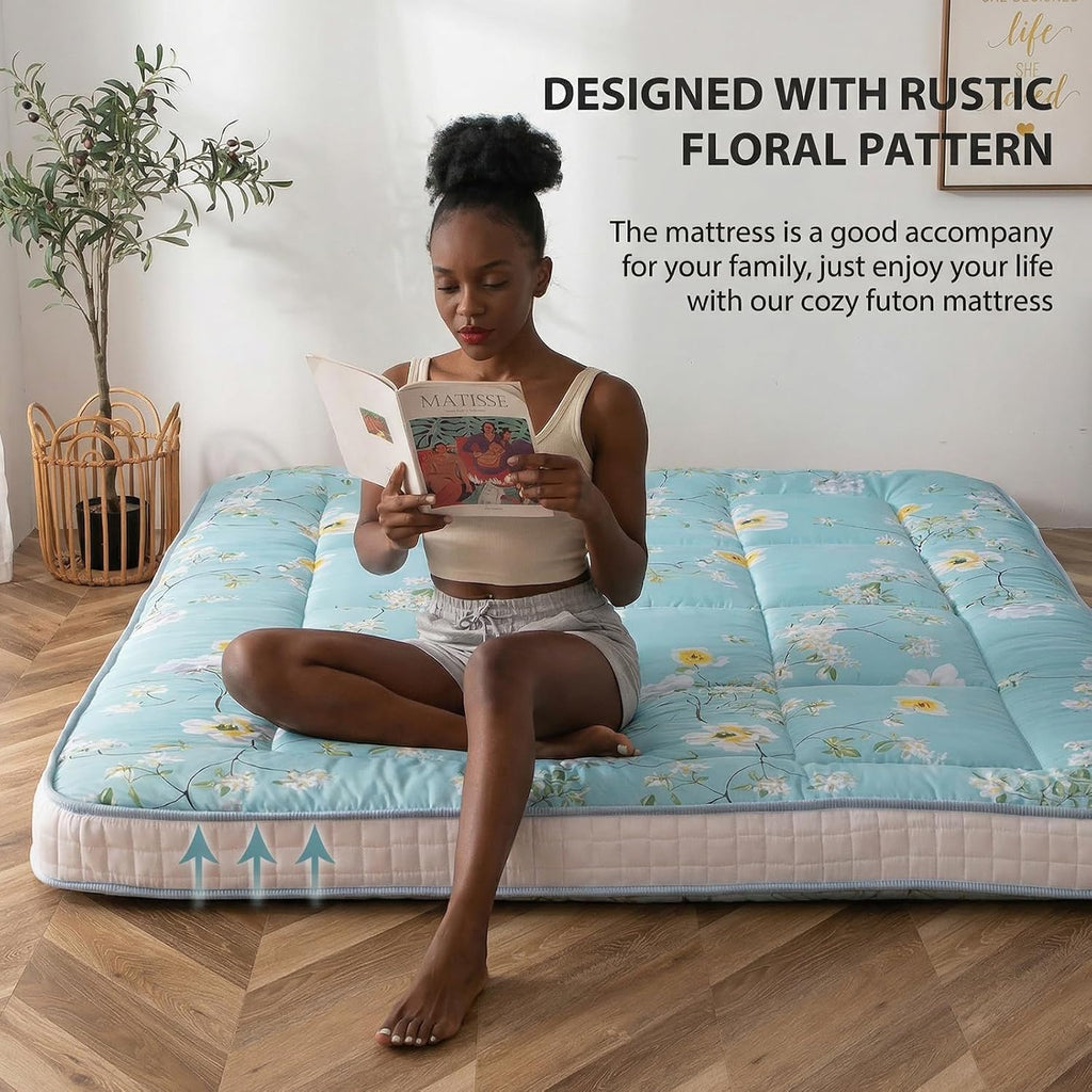 MAXYOYO Rustic Floral Korean Futon Mattress, Padded Japanese Floor Mattress Quilted Mattress Topper, Extra Thick Folding Sleeping Pad Breathable Floor Lounger Guest Couch for Camping, Queen