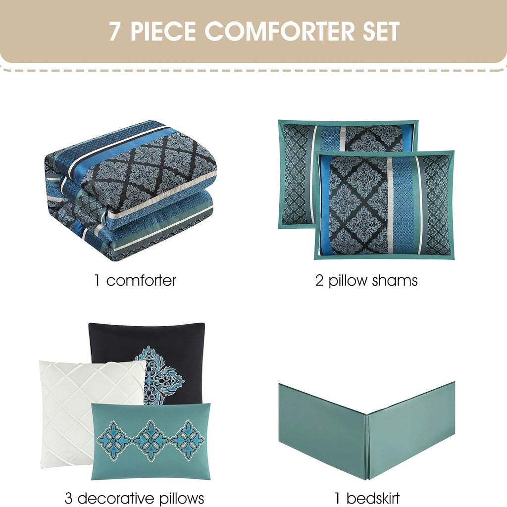 Grand Avenue Blue Geometric California King Comforter Set, 7 Piece, Jacquard All Season Premium Bedding Set, Matching Shams, Bedskirt, Decorative Pillows
