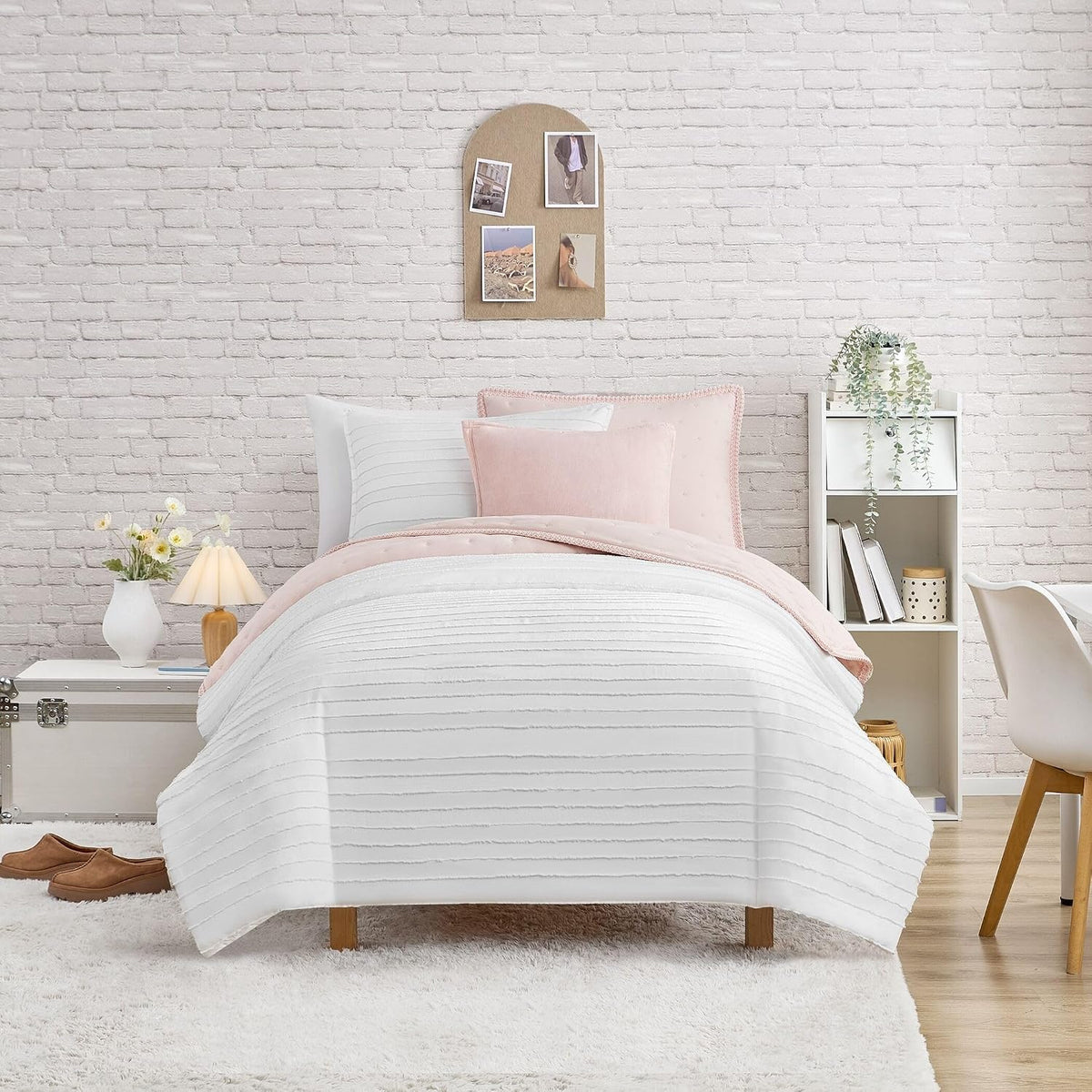 UGG Textured Twin Comforter Set - 2 Piece Striped Bedding Set with Pillow Sham – Luxurious and Cozy Reversible White Bed Set for Bedroom & Dorm (Twin/Twin XL)