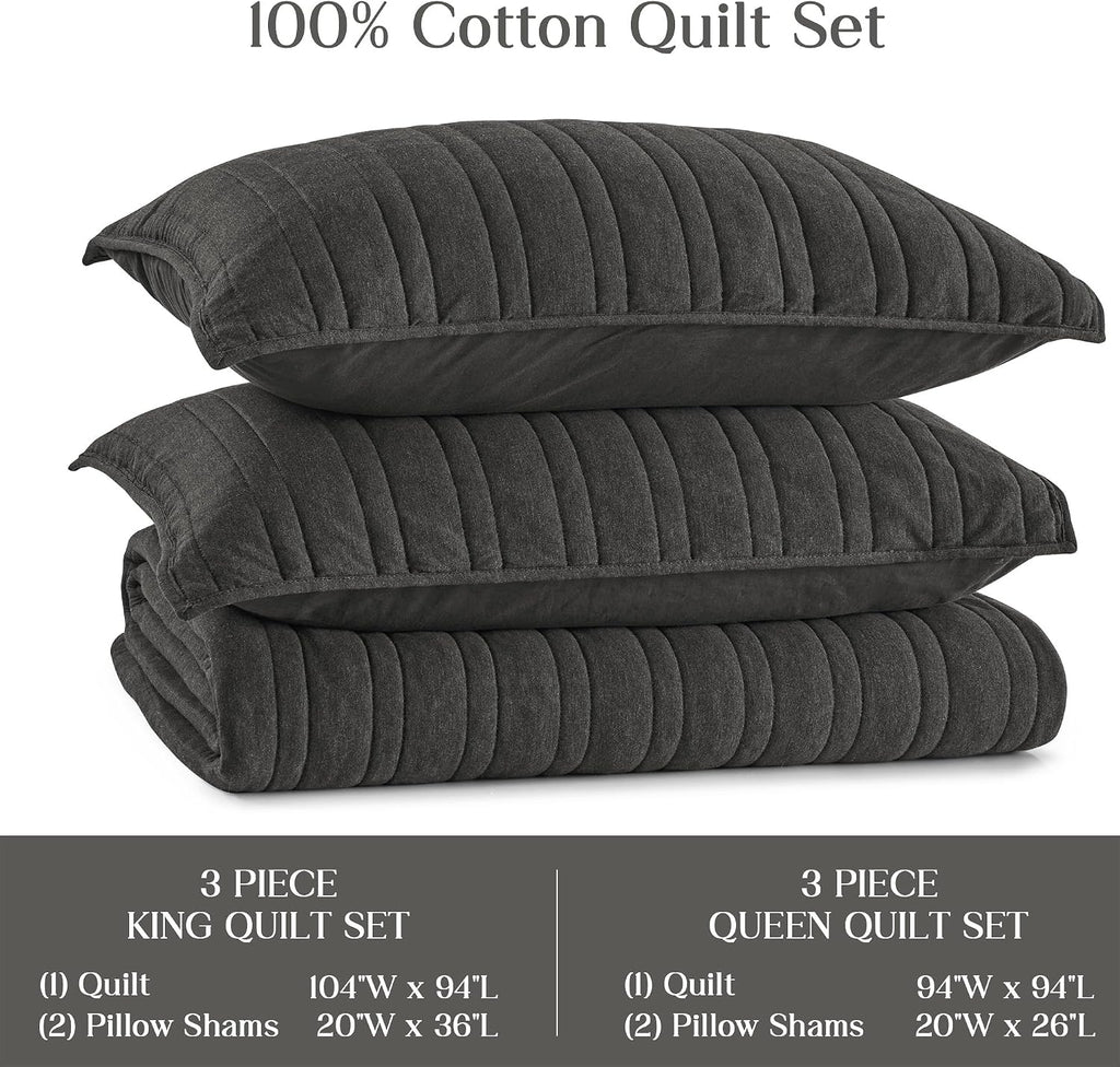 Wonderful 100% Cotton Jersey Knit Quilt Set - Breathable & Hypoallergenic Lightweight Dark Grey Quilt Queen, 3 Piece Channel Stitched All-Season Use Blanket Bedspread & Coverlet Bedding Set, 94'x94' | Safe Sleep