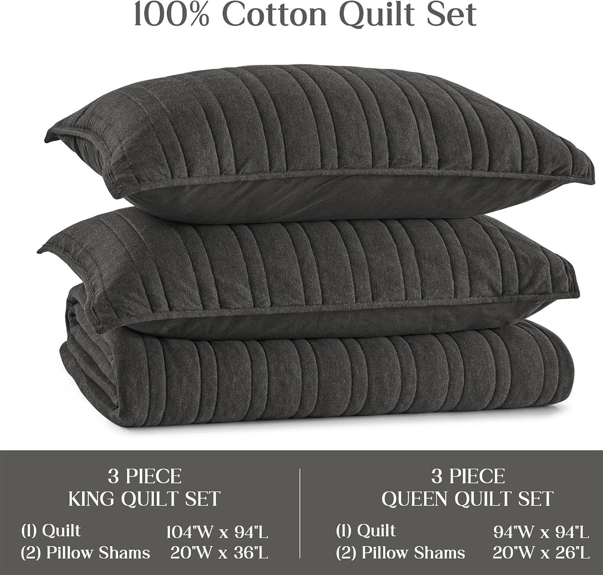 Wonderful 100% Cotton Jersey Knit Quilt Set - Breathable & Hypoallergenic Lightweight Dark Grey Quilt Queen, 3 Piece Channel Stitched All-Season Use Blanket Bedspread & Coverlet Bedding Set, 94'x94' | Safe Sleep