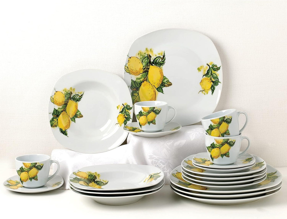 Stylish and Elegant 20 Pieces Porcelain Square Dinnerware Set Service for 4 People for Hosting Parties and Events (Lemon Design)