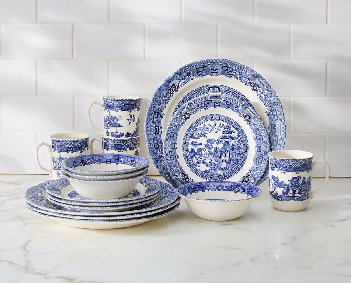 BrylaneHome 16 Piece Blue Willow Dinnerware Set (Service for 4), Includes Dinner & Salad or Dessert Plates, Bowls, Mugs, Elegant Traditional Pattern - Blue