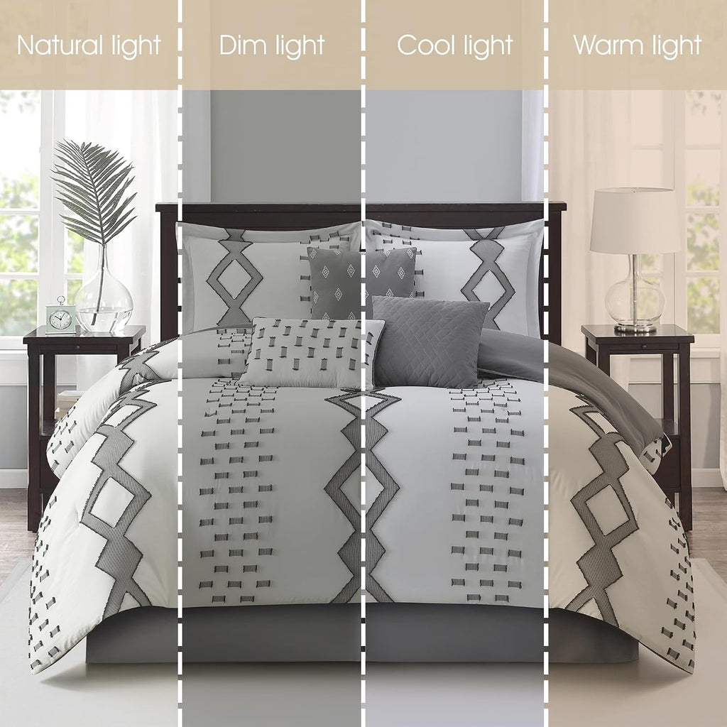 Grand Avenue 7 Piece White Grey Comforter Set, Queen Size Clipped Bedding Set, All Season Geometric Bedding, Matching Pillows, Shams, Bed Skirt