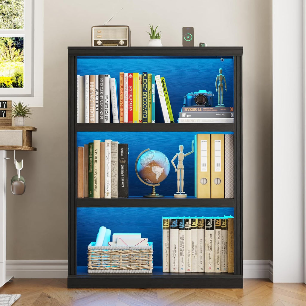 3-Tier LED Bookshelf with Motion Sensor Lights - USB Charging Module - Adjustable Modular Display Shelf 31.5 W x 43.3 H for Bedroom Living Room Home Office Gaming Room - Black