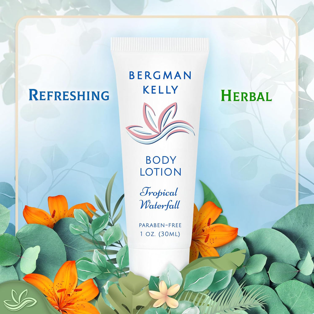 BERGMAN KELLY - Travel Size Lotion - 1 fl oz, 18000 PK, Tropical Waterfall - Delight Your Guests w/Invigorating & Refreshing Body Lotion - Quality Mini & Small Size Guest Hotel Toiletries in Bulk