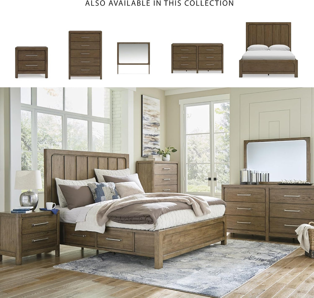 Signature Design by Ashley Cabalynn Modern 4-Drawer Queen Platform Bed with Storage, Foundation or Box Spring Not Needed, Light Brown
