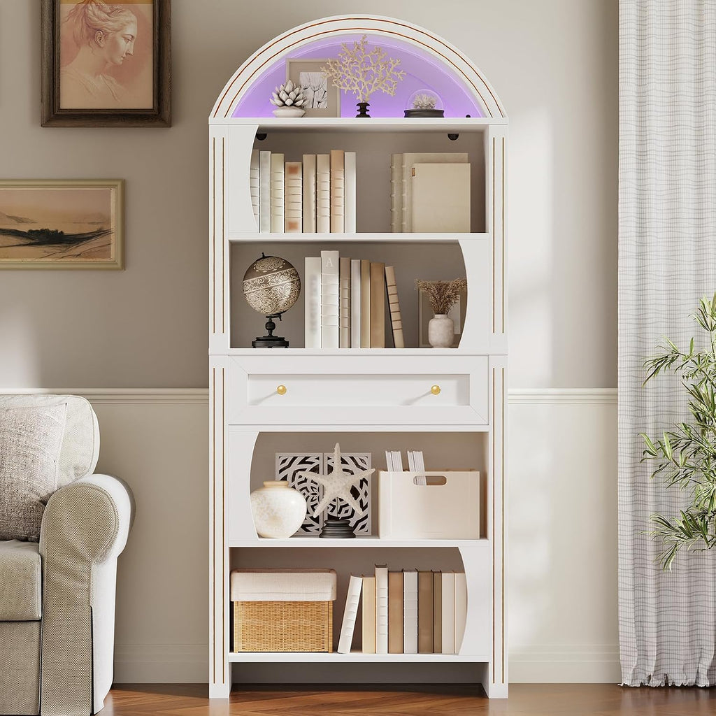 Arched Bookshelf, 70.3' Farmhouse Tall 6-Tier Book Shelf with Drawer, Wooden Bookcase with Open Shelves and LED Lights, Freestanding Display Storage Shelf for Living Room, Home Office, White