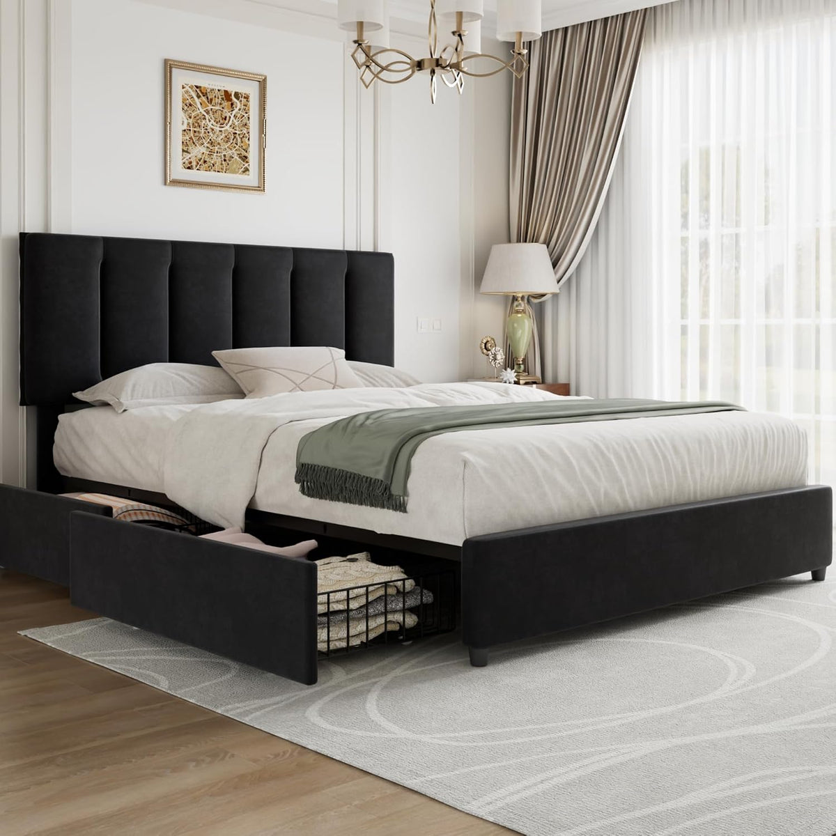 VECELO Full Size Bed Frame with 4 Storage Drawers, Adjustable Height Headboard, Heavy-Duty Platform Bedframe with Strong Wooden Slats, No Box Spring Needed, Black