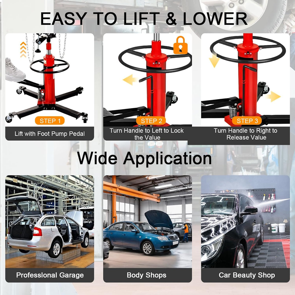 Transmission Jack 1660 lbs/ 0.75 Ton Capacity Hydraulic Telescopic Transmission Jack 34' - 68' Adjustable Height Telescoping Transmission Hydraulic with 360° Swivel Wheels Lift Hoist