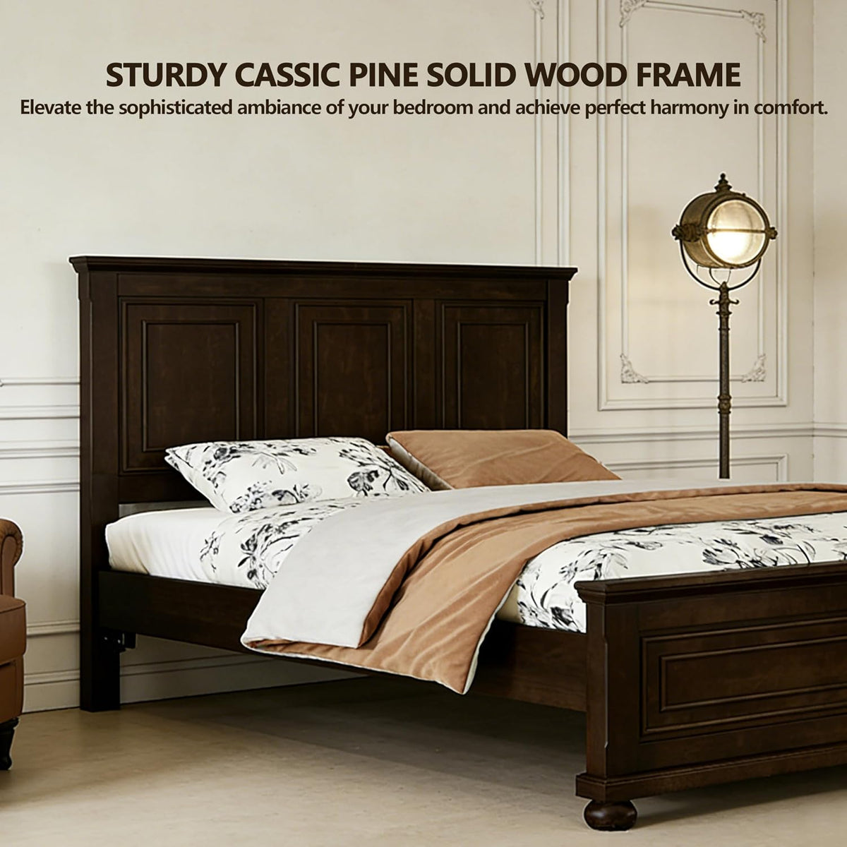 Queen Size Solid Wood Platform Bed Frame,Wood Bed with USB Charging Station, Solid Wood Leg/No Box Spring Needed/Noise Free/Brown