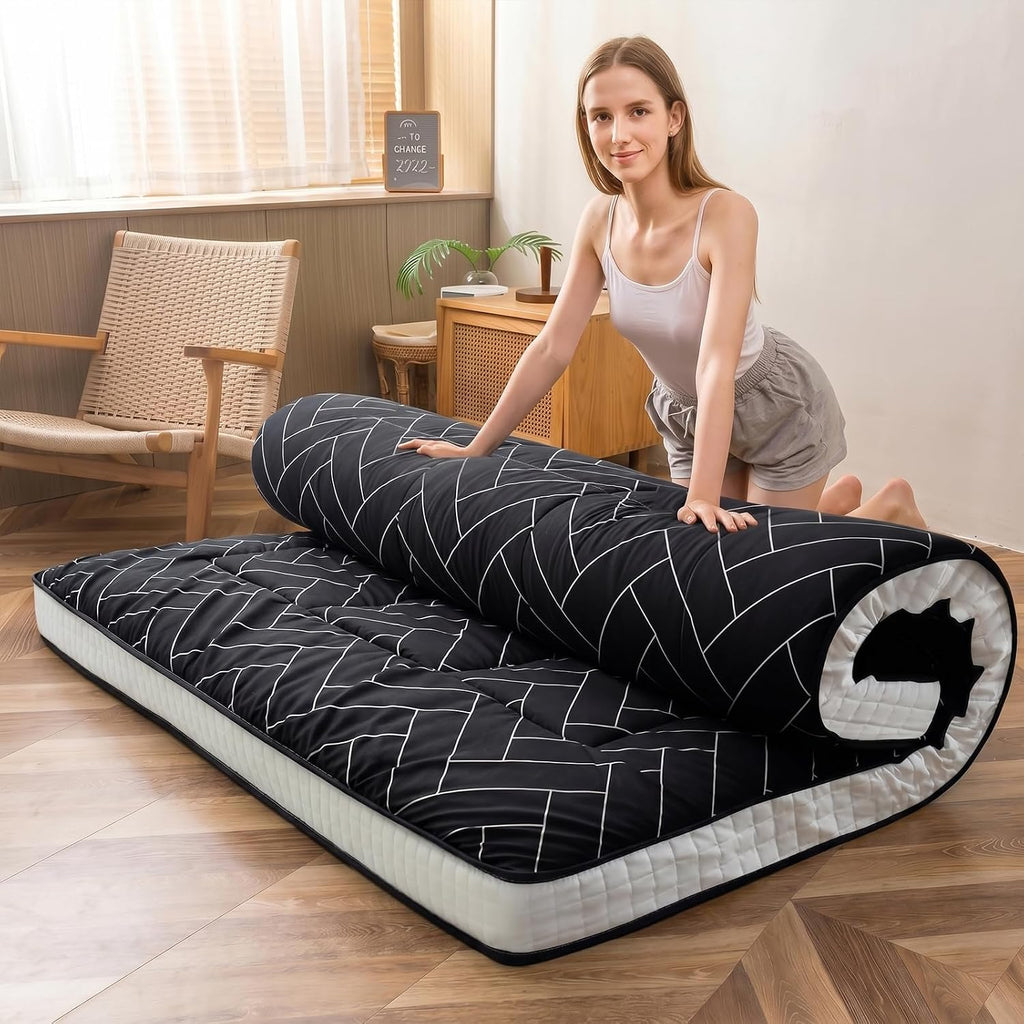 MAXYOYO Black Geometric Pattern Futon Mattress, Japanese Floor Mattress Quilted Mattress Topper, Extra Thick Folding Sleeping Pad Breathable Floor Lounger Guest Couch for Camping, Queen