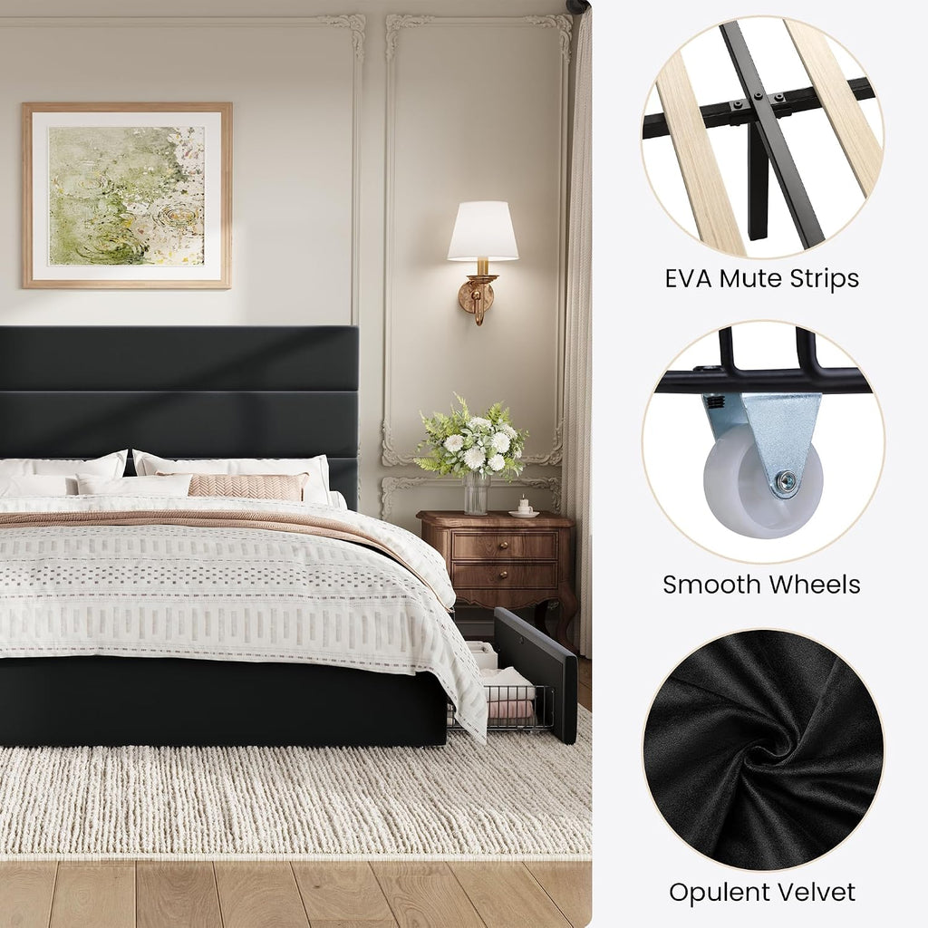 SHA CERLIN Full Size Platform Bed Frame with 4 Storage Drawers, Velvet Upholstered Headboard, Mattress Foundation with Wooden Slats Support, No Box Spring Needed, Easy Assembly, Black