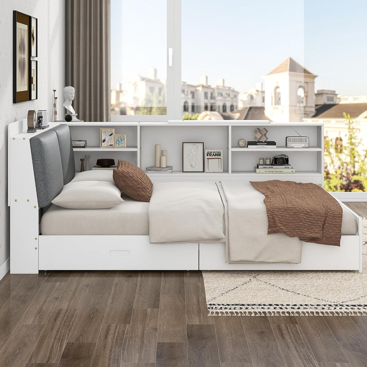 Merax Corner Full Bed Frame, Wood Platform Bed with Storage Headboard, Full Size Daybed with 2 Drawers and Rotatable Storage Board for Living Room,Bedroom,Guest Room,White
