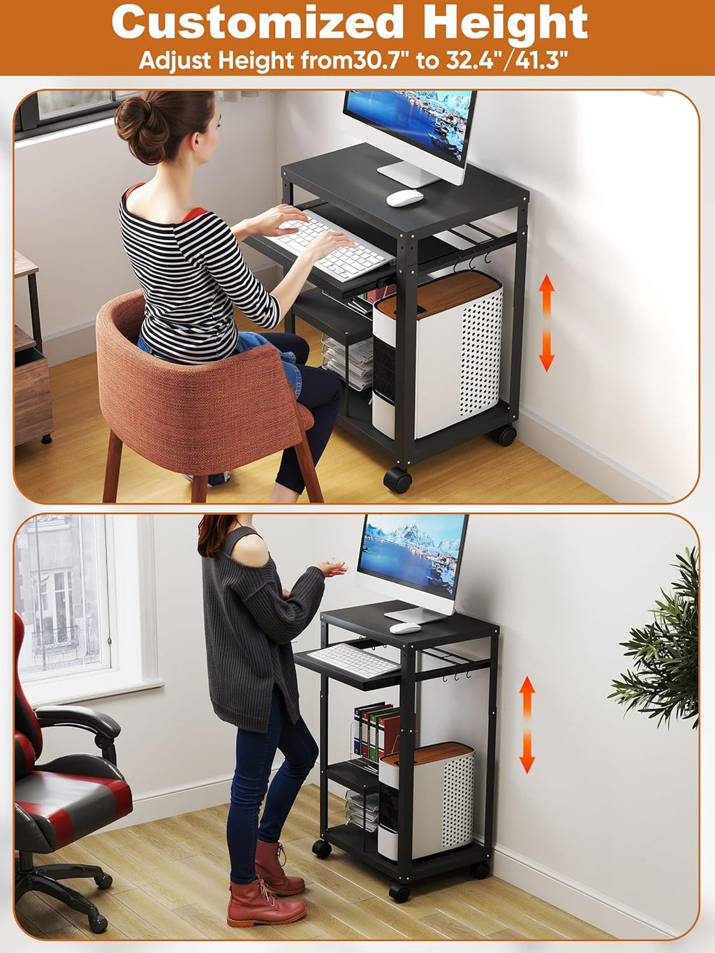 AV Presentation Cart with Keyboard Tray Mobile AV Cart Stand Metal Media Cart with Wheels for Projector Height Adjustable Computer Workstation Presentation Cart for School Classroom Office