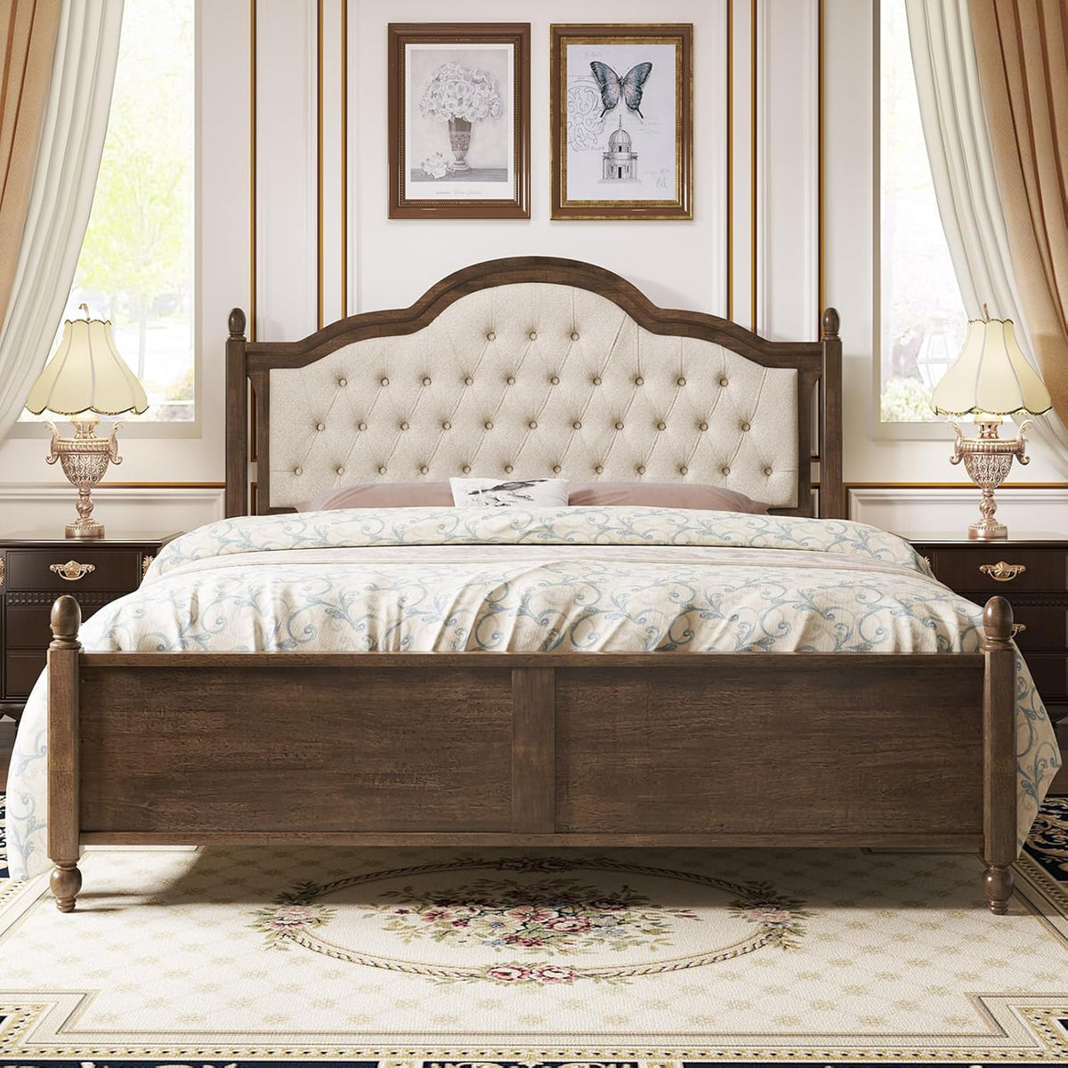LUXOAK Wooden Bed Frame with Upholstered Headboard, King Size Sturdy Rubberwood Platform Bed with Tufted Linen, No Box Spring Needed, Easy Assembly, Walnut