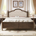 LUXOAK Solid Wood Bed Frame with Linen Upholstered Headboard, Queen Size Wood Platform Bed with Wood Slats, No Box Spring Needed, Easy Assembly, Walnut