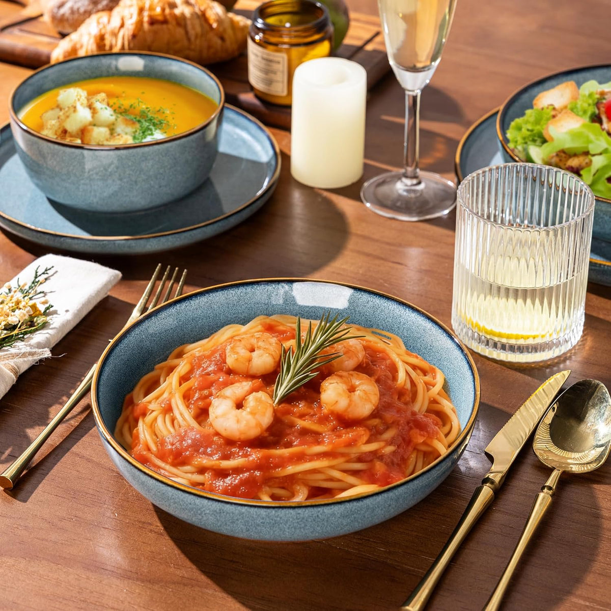 GBHOME 24 Pieces Double Bowls Ceramic Dinnerware Sets for 6, Stoneware Plates and Bowls Set with Reactive Glaze, Scratch Resistant Stoneware Dishes Set, Dishwasher & Microwave Safe