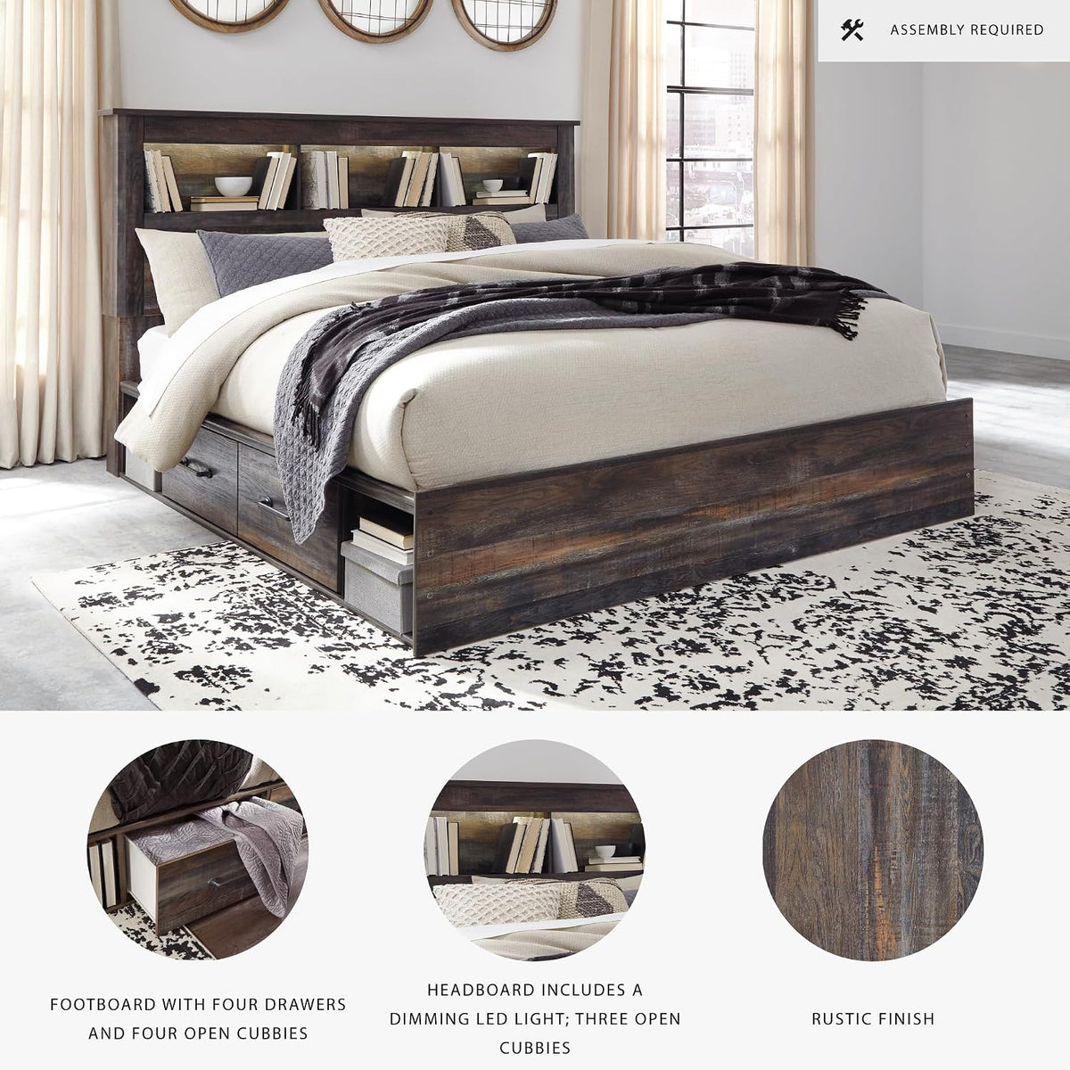 Signature Design by Ashley Drystan Rustic King Bookcase Bed with 4 Storage Drawers, Open Cubbies and LED Light, Foundation or Box Spring Not Needed, Dark Brown & Gray