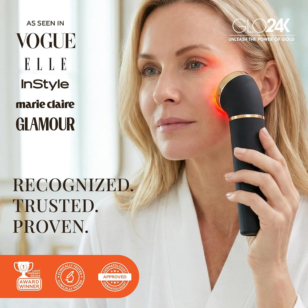 GLO24K Red Light Beauty Device for Face & Neck – 3-in-1 Facial and Neck Massager with Triple LED & Advanced Vibration Technology