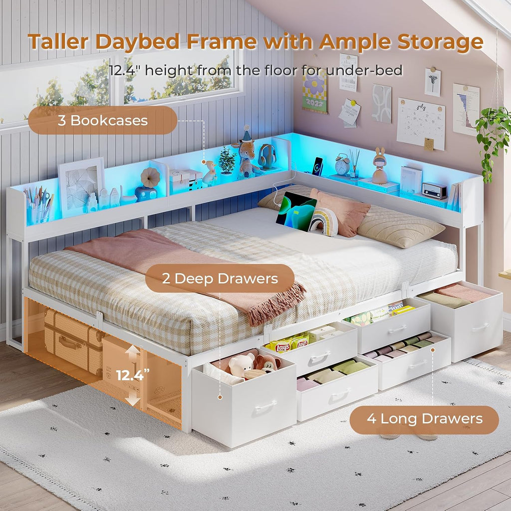 VIAGDO Corner Bed Frame Full with Storage Bookcase and 6 Drawers, Metal Platform Corner Bed Frame with LED Lights and Charging Station, Full Daybed for Kids Teenagers, White