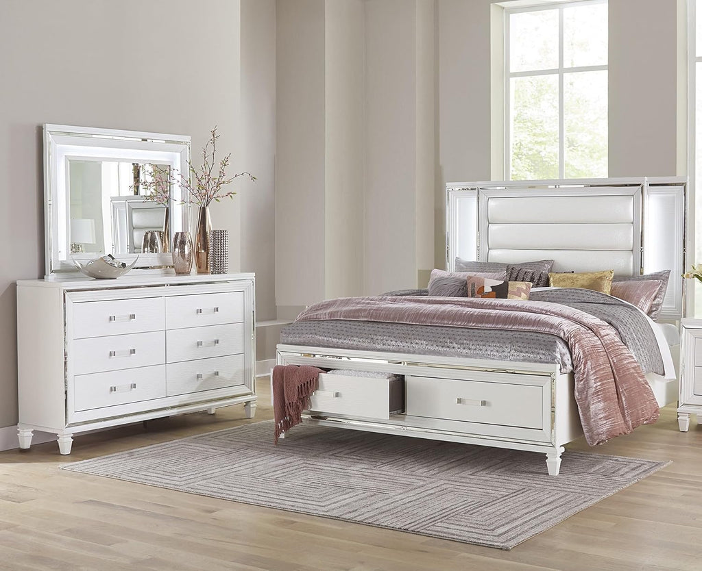 3pc LED Light Bedroom Set King Size Platform Bed Upholstered Headboard White Finish Wooden Furniture