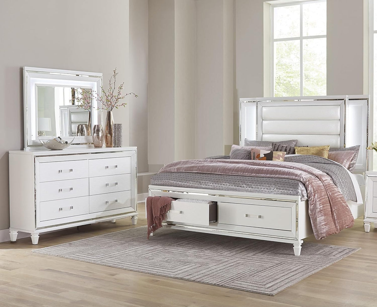 3pc LED Light Bedroom Set King Size Platform Bed Upholstered Headboard White Finish Wooden Furniture