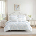 Laura Ashley - Twin Bonus Comforter Set, Soft Reversible Bedding Set, 5 Piece Bed Set with Matching Pillowcases, Euro Shams, & Throw Pillow Covers (Annalise Floral/Dilly Dally Stripe Blue)