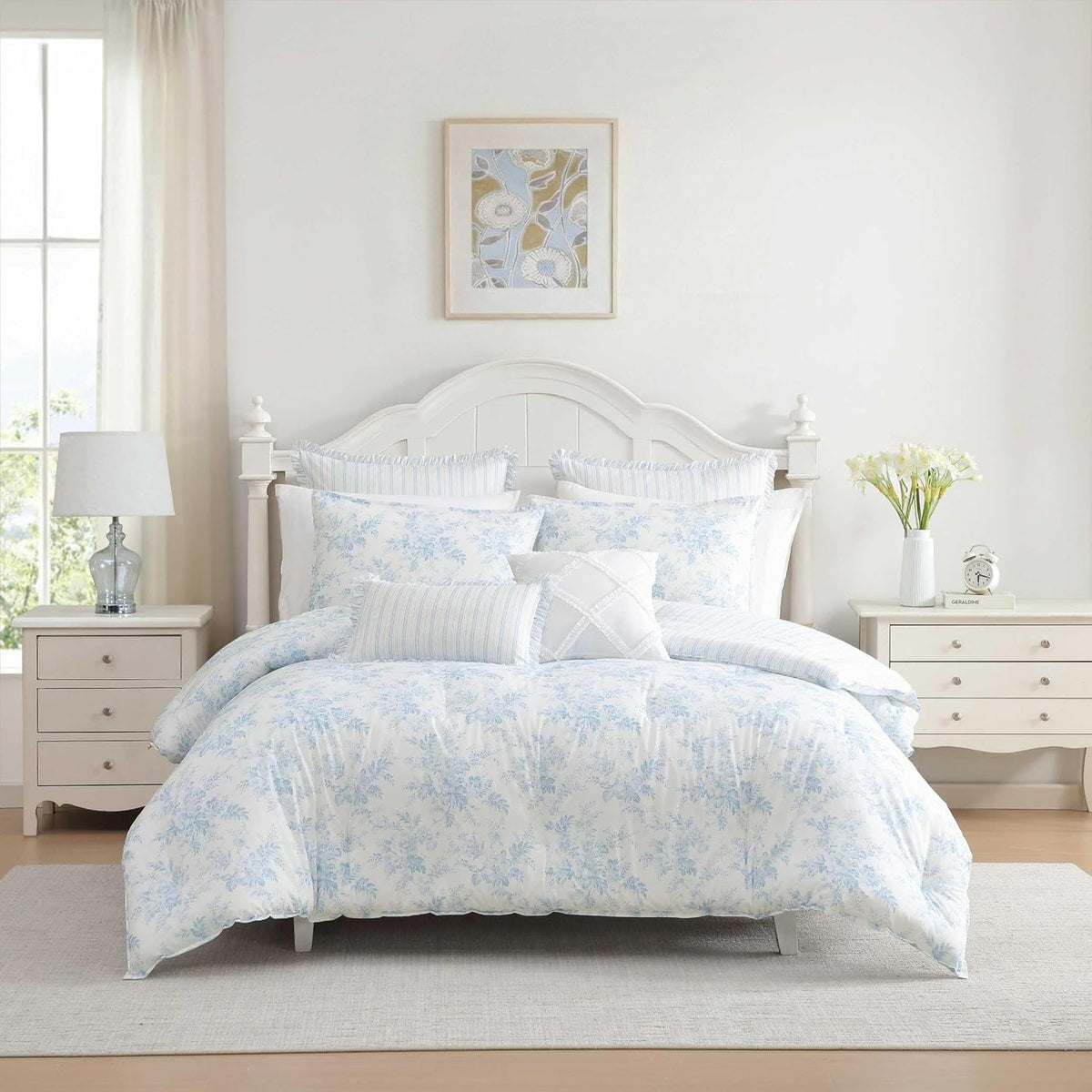 Laura Ashley - Twin Bonus Comforter Set, Soft Reversible Bedding Set, 5 Piece Bed Set with Matching Pillowcases, Euro Shams, & Throw Pillow Covers (Annalise Floral/Dilly Dally Stripe Blue)