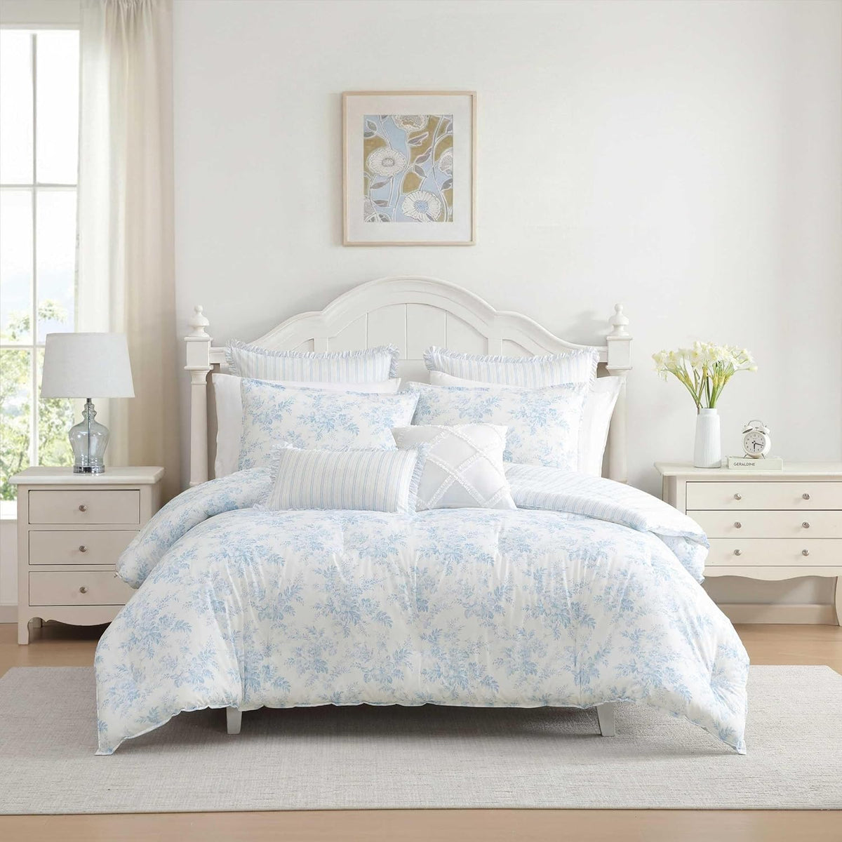 Laura Ashley - King Bonus Comforter Set, Soft Reversible Bedding Set, 7 Piece Bed Set with Matching Pillowcases, Euro Shams, & Throw Pillow Covers (Annalise Floral/Dilly Dally Stripe Blue)