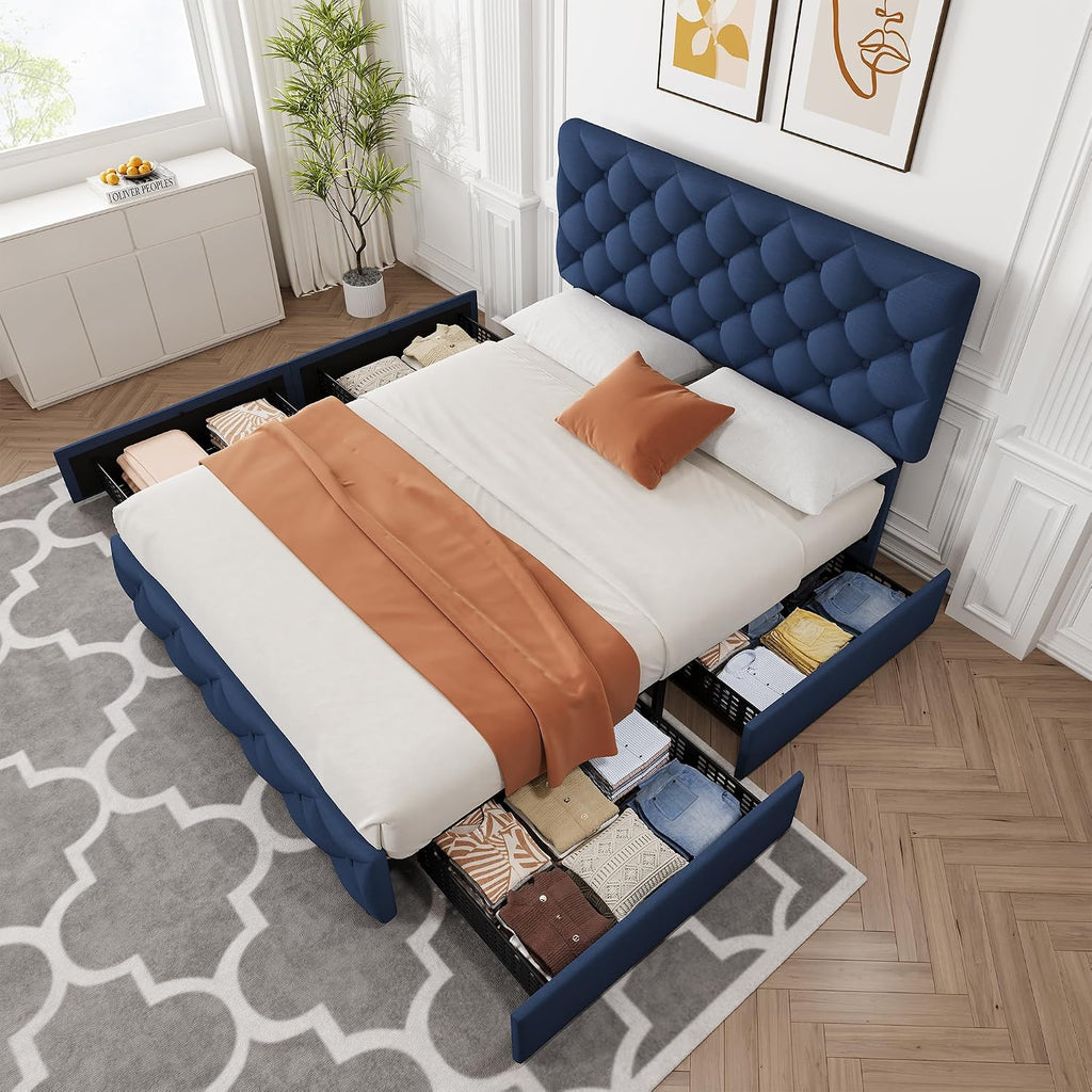 GarveeHome Queen Size Bed Frame with 4 Storage Drawers and Adjustable Headboard, Linen Upholstered Platform Beds, Diamond Stitched Button Tufted, No Box Spring Needed, Blue