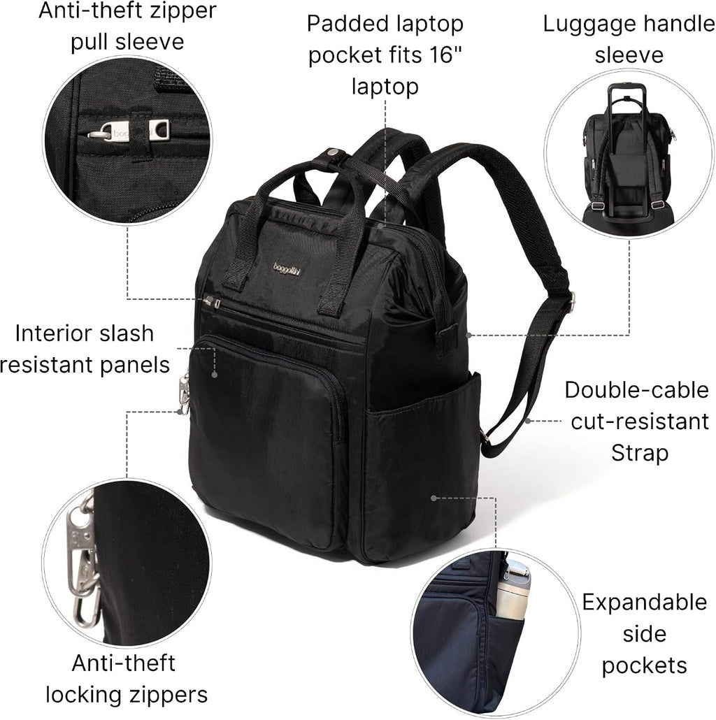 Baggallini Securtex Anti-Theft Windsor Backpack for Travel, Work & College, RFID & Locking Zipper, Up to 16' Laptop
