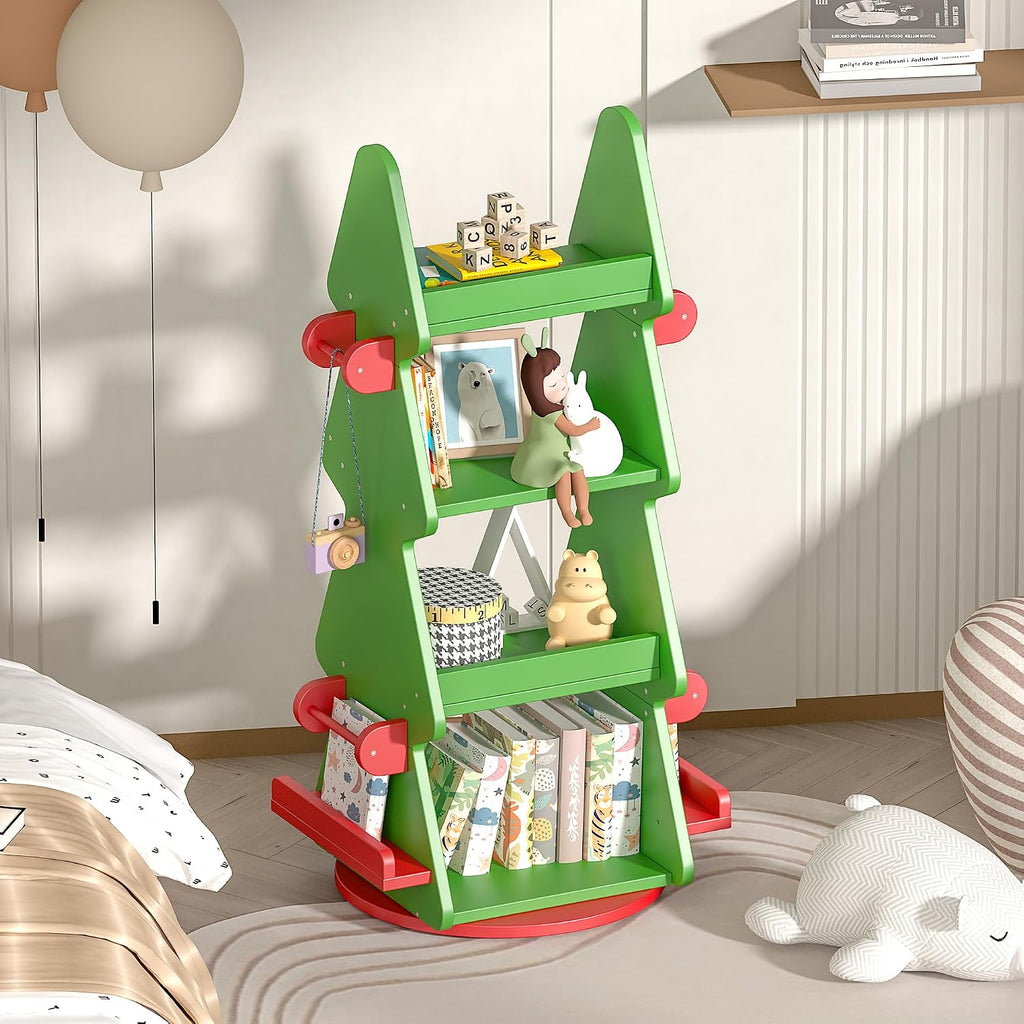 HedoAjim 4-Tier 360° Rotating Kids Bookshelf, Wooden Christmas Tree Bookcase Toy Storage Organizer for Boys & Girls, Nursery, Playroom, Bedroom