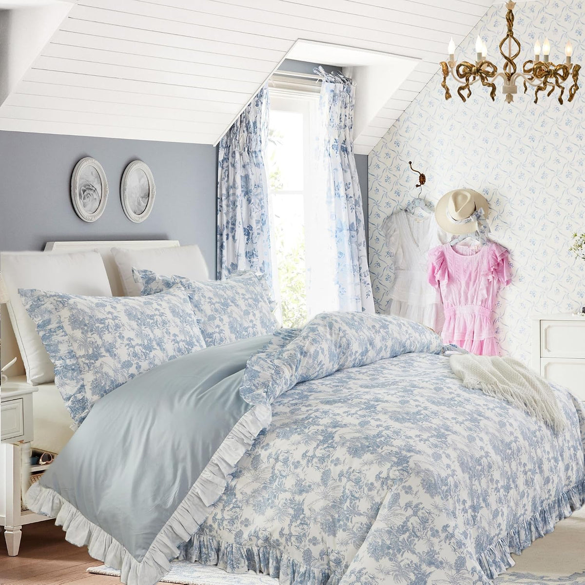 Brandream French Country Toile Duvet Cover Set Queen Size for Girl Women 100% Cotton Luxury Cottagecore Bedroom Decor Blue French Toile Botanical Print Bedding with Romantic Ruffled Trim