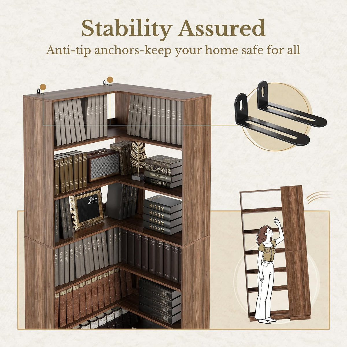 Corner Book Shelf, 6 Tier 73 Inch Tall Corner Bookshelf with Open Storage, Wood L Shaped Bookcase Storage Display Rack for Home Office, Black Walnut