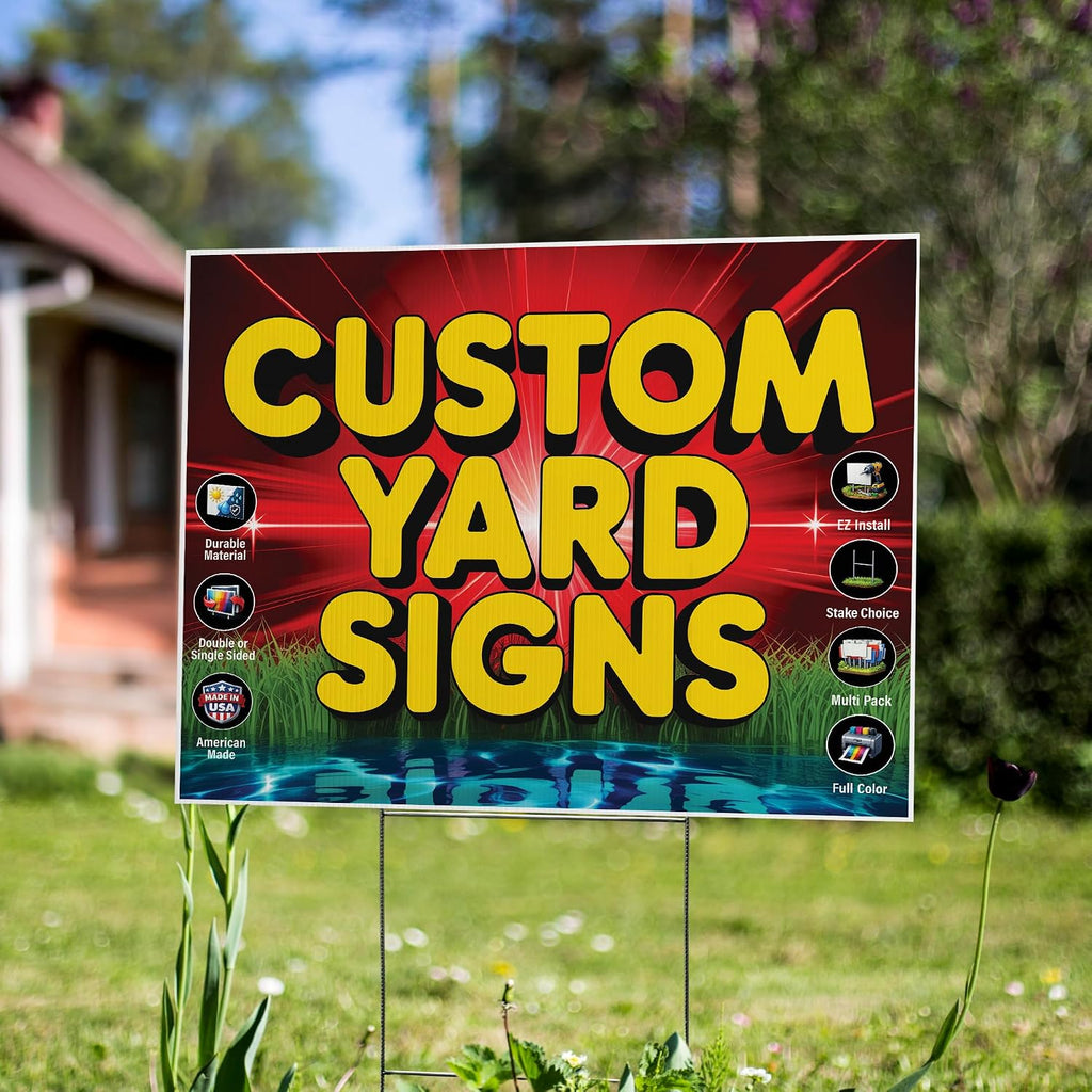50 Pack of 24x18 inch Custom Yard Signs, Double and Single Sided Print, Metal H-Stakes, Durable 4mm Coroplast, Personalized Full Color Printing (50pk)