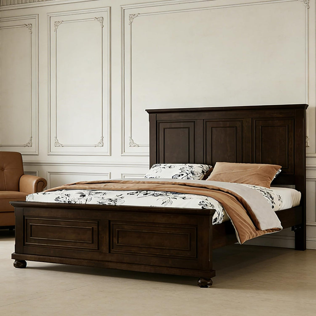 Queen Size Solid Wood Platform Bed Frame,Wood Bed with USB Charging Station, Solid Wood Leg/No Box Spring Needed/Noise Free/Brown