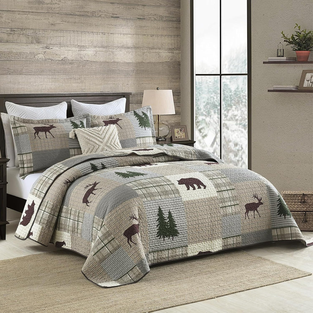 Uniclinens Quilt Set King Size, 100% Cotton Quilted Quilt Bedding Set Bedspread, Bear Tree Elk Farmhouse Rustic Quilt, Patchwork Plaid Comforter Set, 3 Pieces Set with 2 Pillowshams, Brown/Grey/Green